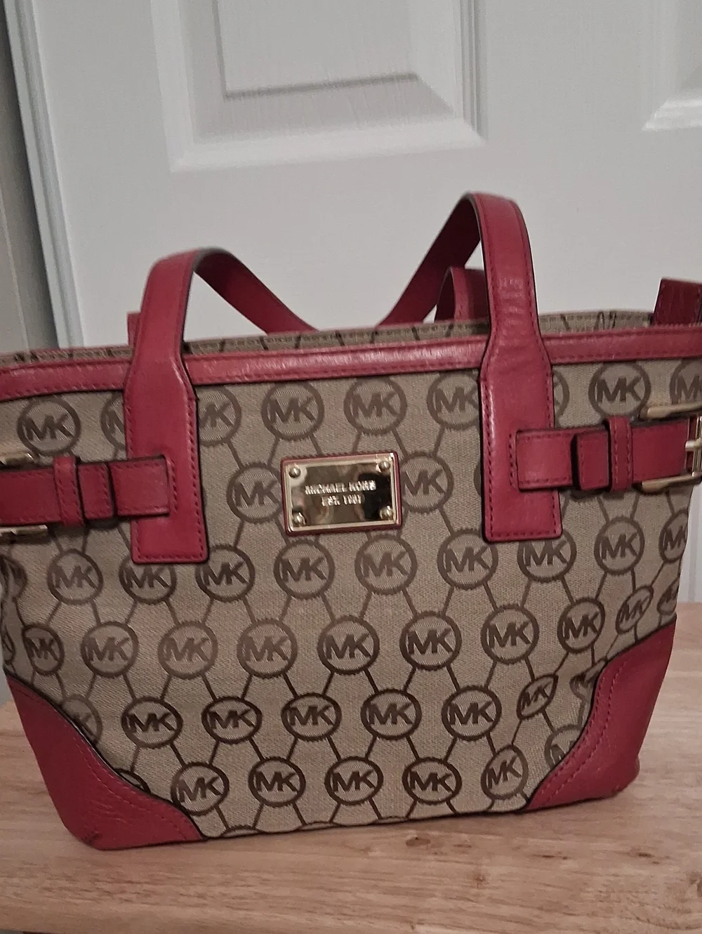 Michael Kors Beige Logo Tote with Red Trim